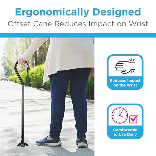 Nova Joy Designer Offset Quad Cane for Seniors - Unisex Adjustable Lightweight Walking Aid with Foam Handle, Wrist Strap and Anti-Rattle Lock - Essential Mobility Support - Black
