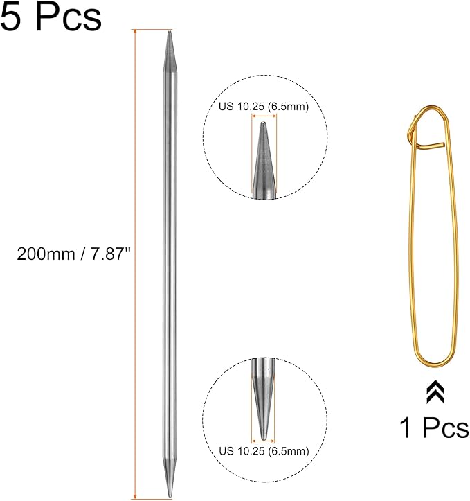 uxcell 5Pcs US 10.25(6.5mm) Double Pointed Knitting Needle 7.87 Inches Length Stainless Steel Sweater Stitching Needles with Stitch Holder for Handmade Projects DIY Knitting