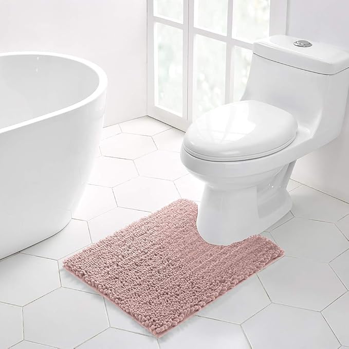 Walensee Bathroom Rug 2 Pieces Set Non Slip Bath Mat (20"x32" Plus 20"x24" U Dusty Pink) Water Absorbent Super Soft Shaggy Chenille Machine Washable Dry Extra Thick Perfect Carpet for Shower Floor