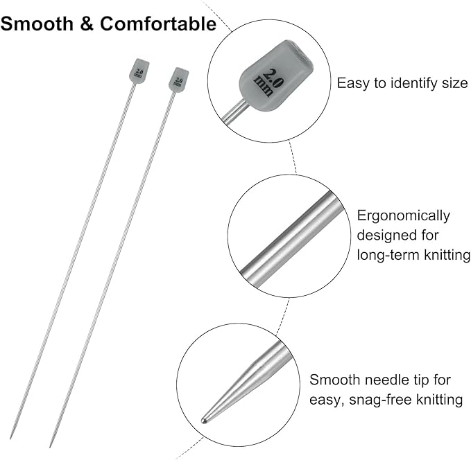 uxcell 4Pcs 2mm(B) Single Pointed Knitting Needles Stainless Steel 9.84 Inches Length Metal Weaving Tool for Handmade Projects DIY Knitting