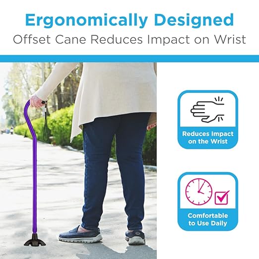 Nova Joy Designer Offset Quad Cane for Seniors - Unisex Adjustable Lightweight Walking Aid with Foam Handle, Wrist Strap and Anti-Rattle Lock - Essential Mobility Support - Purple