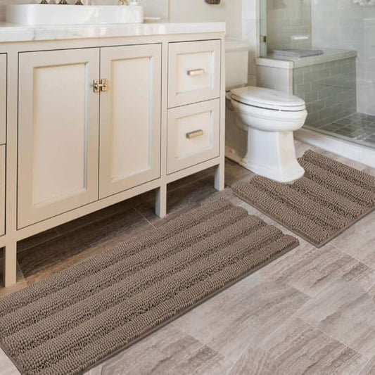 H.VERSAILTEX Bathroom Rugs Bath Rug Set 2 Piece Bathroom Contour Rug Toilet Mat Sets Non Slip Contour Bath Rug Ultra Thick Water Absorbent Striped Bath Mats(47" x 17" Plus 20" x 20" U, Taupe Brown)