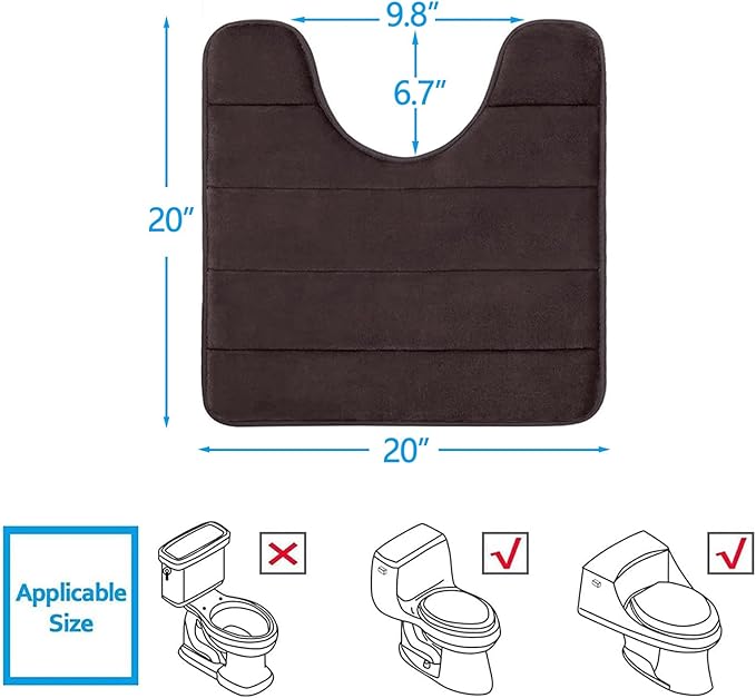 Buganda Memory Foam U-Shaped Contour Toilet Rugs, Non Slip Absorbent, Thick Soft Washable Bathroom Mat, Floor Carpet Bath Rugs Mat for Toilet Base (20" x 20", Brown)
