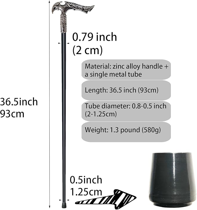 Walking Cane for Men & Women & Seniors - 36.5 Inch Heavy Duty 500+ lbs Capacity, Ergonomic Handle, Ornate & Decorative, Elegant Matte Black & Silver Metal Cane with Goth & Gothic Aesthetic