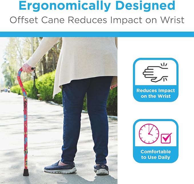 Nova Joy Designer Offset Walking Cane for Seniors - Unisex Adjustable Lightweight Aid with Foam Handle, Wrist Strap and Anti-Rattle Lock - Essential Mobility Support - Flower Power