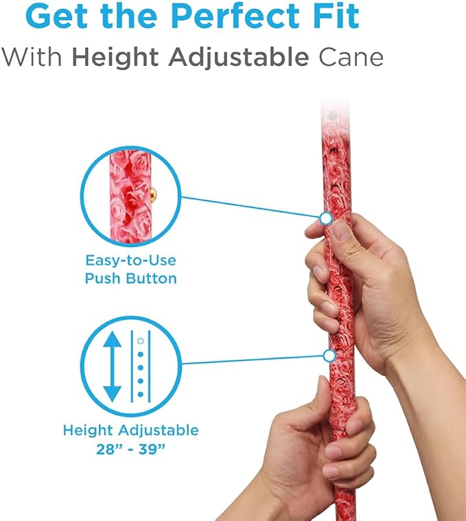Nova Joy Designer Offset Walking Cane for Seniors - Unisex Adjustable Lightweight Aid with Foam Handle, Wrist Strap and Anti-Rattle Lock - Essential Mobility Support - Roses