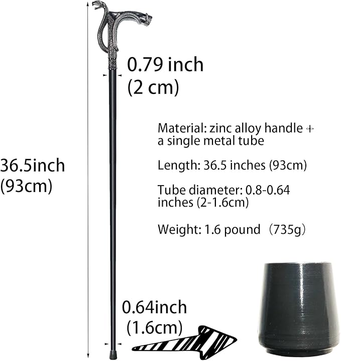 Walking Cane for Men & Women - Heavy Duty 500+ lbs Capacity, Gothic Cane with Ornate Design, Decorative Goth Metal Ergonomic Handle Cane, Black & Silver Snake Walking Stick for Senior Gift