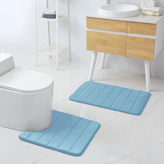 Buganda Memory Foam U-Shaped Contour Toilet Rugs, Non Slip Absorbent, Thick Soft Washable Bathroom Mat, Floor Carpet Bath Rugs Mat for Toilet Base (24" x 24", Blue)