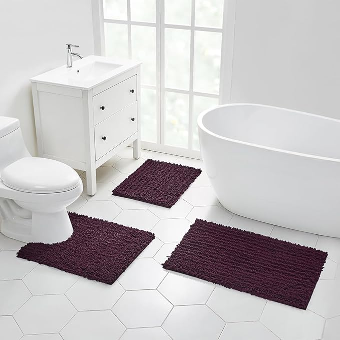 Walensee Bathroom Rug Non Slip Bath Mat (36x24 Inch Plum Purple) Water Absorbent Super Soft Shaggy Chenille Machine Washable Dry Extra Thick Large Plush Carpet for Shower Floor