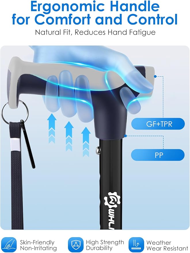 Adjustable Walking Cane for Women & Men for Stability, Self Standing Cane with Second Handle for Standing, 350lbs Heavy Duty Foldable Collapsible Folding Cane, Walking Sticks for Seniors & Adult