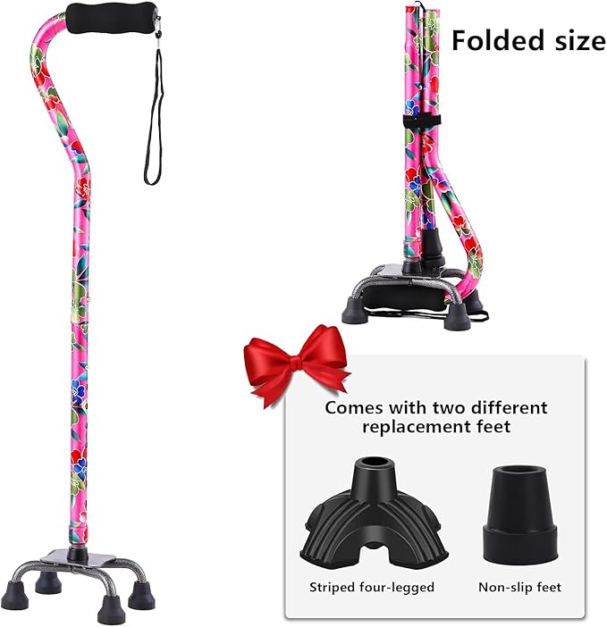 Walking Cane for Women & Men, Adjustable Quad Cane with 4-Prong Base for Stability and Balance, Folding Aluminum Walking Stick for Seniors