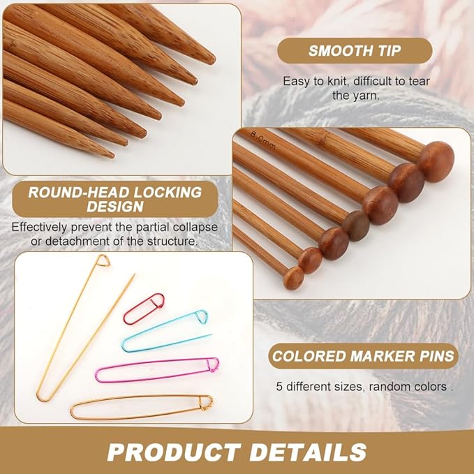 7 Pairs Bamboo Knitting Needles Set & 5PCS Safety Pin Brooch Weaving Sweater Knitting Tool,Long Wooden Single Point Straight Needles, for Beginners for Making Sweater,Shawl,Scarf