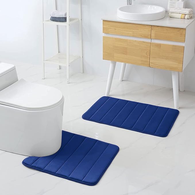 Buganda Memory Foam U-Shaped Contour Toilet Rugs, Non Slip Absorbent, Thick Soft Washable Bathroom Mat, Floor Carpet Bath Rugs Mat for Toilet Base (24" x 20", Navy Blue)
