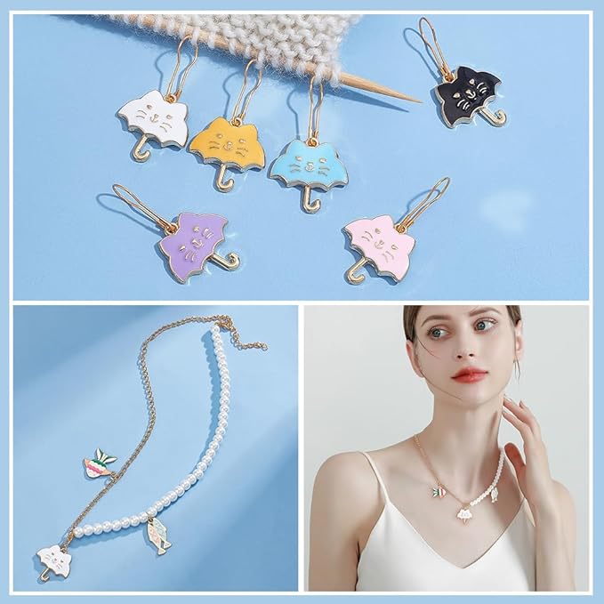 NBEADS 24 Pcs Cat Umbrella Stitch Markers, Enamel Alloy Crochet Stitch Marker Charms Removable Iron Kilt Pin Locking Stitch Marker for Knitting Weaving Sewing Jewelry Making