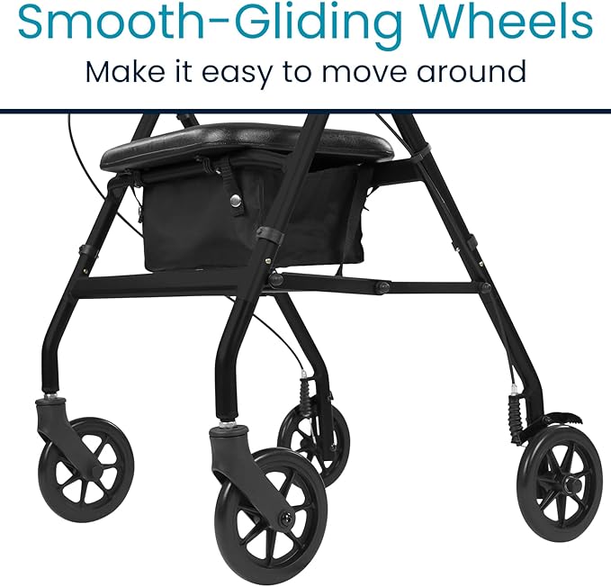 Vive Ultra Lightweight Rollator Walker with Seat - Foldable, Narrow, Rolling Senior Walker for Small Spaces - 4 Wheel Aluminum Adult Easy Drive Aid with Underseat Accessory - Weighs Only 14 Lbs
