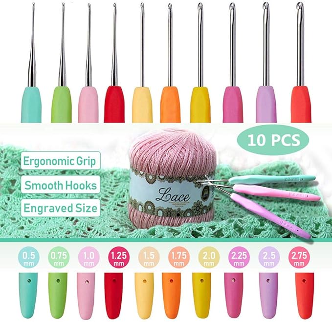 10pcs Small Size Lace Crochet Hooks (0.5~2.75mm), Small Ergonomic Crochet Hooks Set for Thread