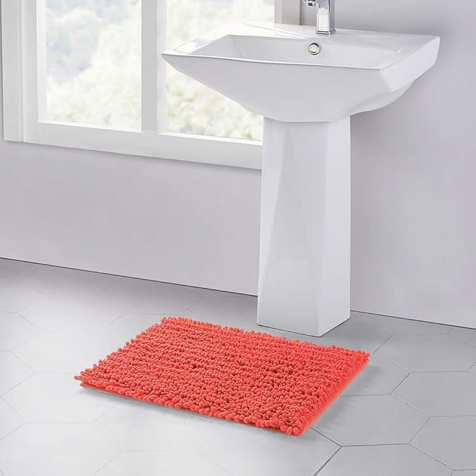 Walensee Bathroom Rug Non Slip Bath Mat (36x24 Inch Coral) Water Absorbent Super Soft Shaggy Chenille Machine Washable Dry Extra Thick Perfect Absorbant Best Large Plush Carpet for Shower Floor