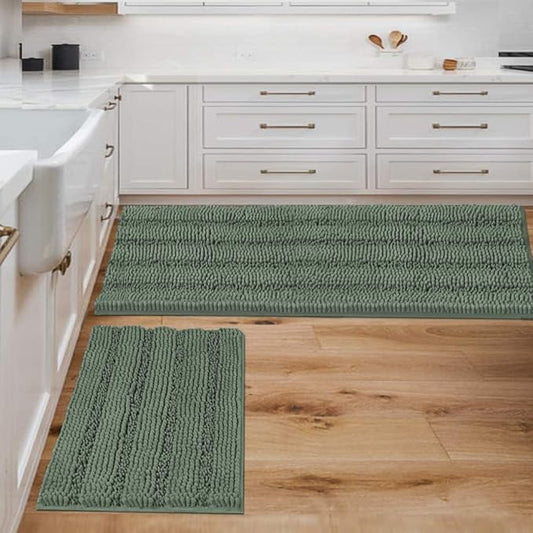 H.VERSAILTEX 2 Piece Bathroom Rugs Bath Mats Sets Super Absorbent Chenille Striped Bath Mats Non Skid Machine Wash Dry Rugs for Bathroom Floor (Green Bay, 47 x 17 Plus 17 x 24 - Inches)