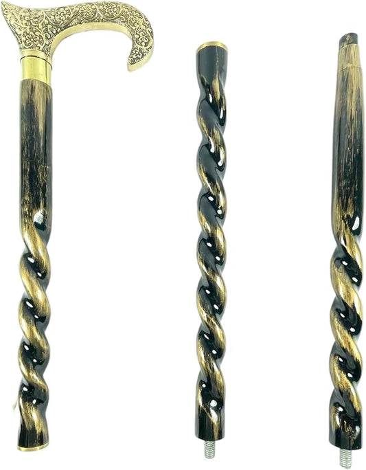 All Black Snake Handle Spiral Wooden Walking Cane