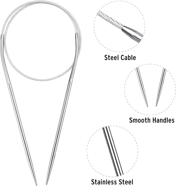 16 Inch Circular Knitting Needles Set, Stainless Steel Round Knitting Needles,11 Pack Sizes 1.5-5mm Metal Circle Knit Needle with Magic Loop for Socks, Knit Tools Set for Beginners