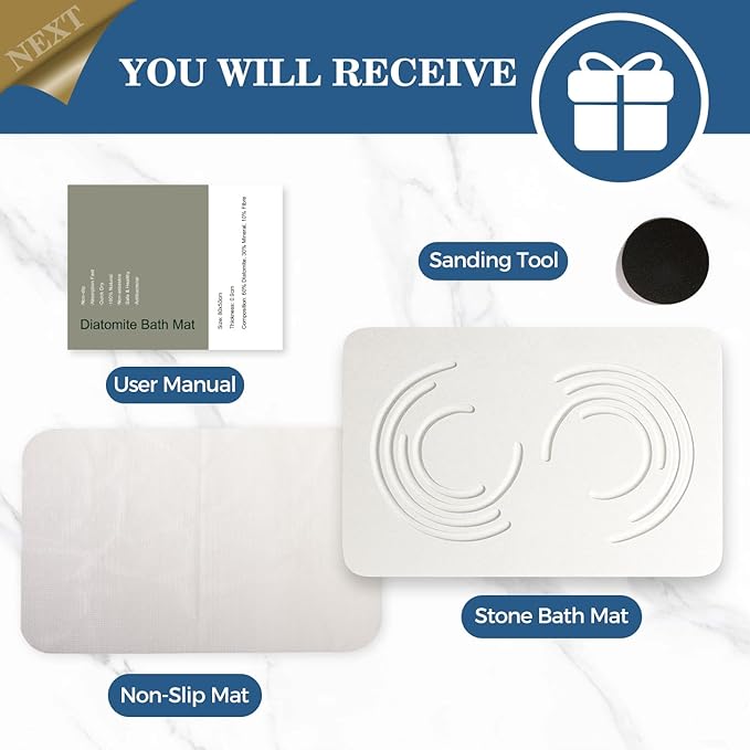 Stone Bath Mat Diatomaceous Earth Shower Mat,Quick Drying Diatomite Bath Stone Mat for Bathroom Floor -Super Absorbent,Natural, Easy to Clean(White)