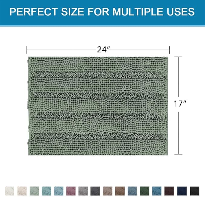 H.VERSAILTEX Bathroom Rugs Bath Rugs Non Slip Bath Mats Extra Thick Chenille Striped Rug 17" x 24" Absorbent Soft Shaggy Washable Dry Fast Bath Mats for Bathroom Floor - Green Bay