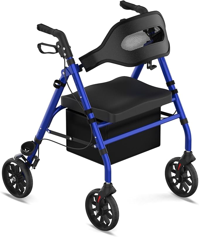Walkers for Seniors, Foldable Rollator Walker with Seat, 8" Big Wheels, Lightweight Rollator Walker with Ergonomic Backrest, Adjustable Handles and Seat Height, 310 Lbs Weight Capacity, Blue