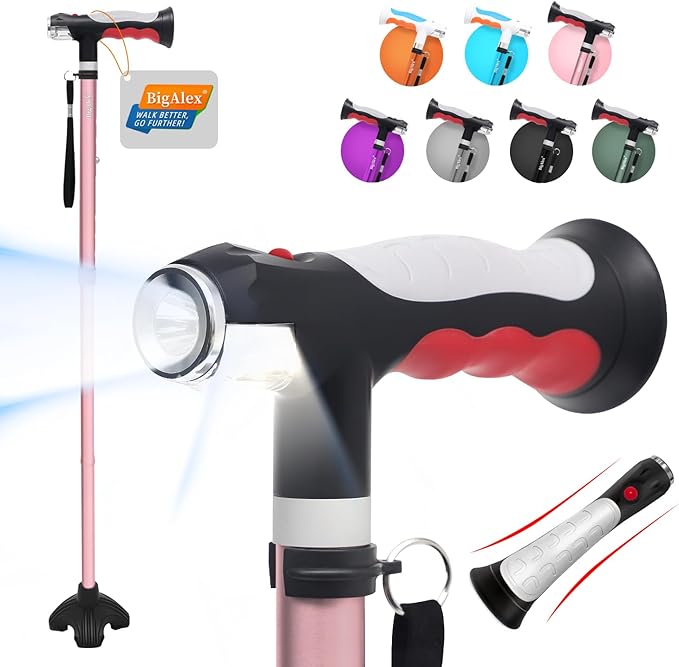 BigAlex Folding Walking Cane with Two Led Lights for Elderly Solid Base Adjustable Walking Stick with Carrying Bag for Men Women