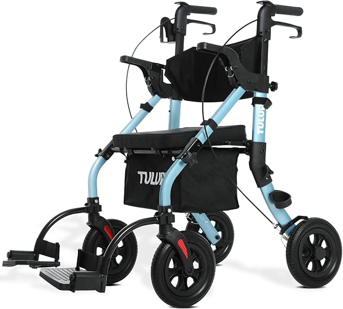 All Terrain Walker Wheelchair Combo,Rollator Walker with Seat for Seniors with Footrest,Transport-Wheelchair Combo,2 in 1 Rolling Walker Chair with Wide Backrest by Tulur (Blue)-New