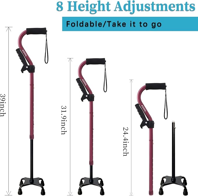 AOHHL Quad Walking Cane Foldable Adjustable Portable Stick Men & Women and Seniors - Lightweight & Sturdy with 4-Pronged Base for Extra Stability Balance,Self Standing Gifts for mom Dad
