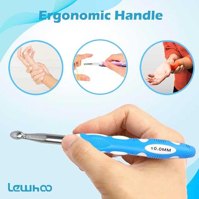 Lewhoo Ergonomic Crochet Hooks Set with Case, 13 Size Crochet Hooks for Arthritic Hands 2.0mm -10.0mm (B-N)