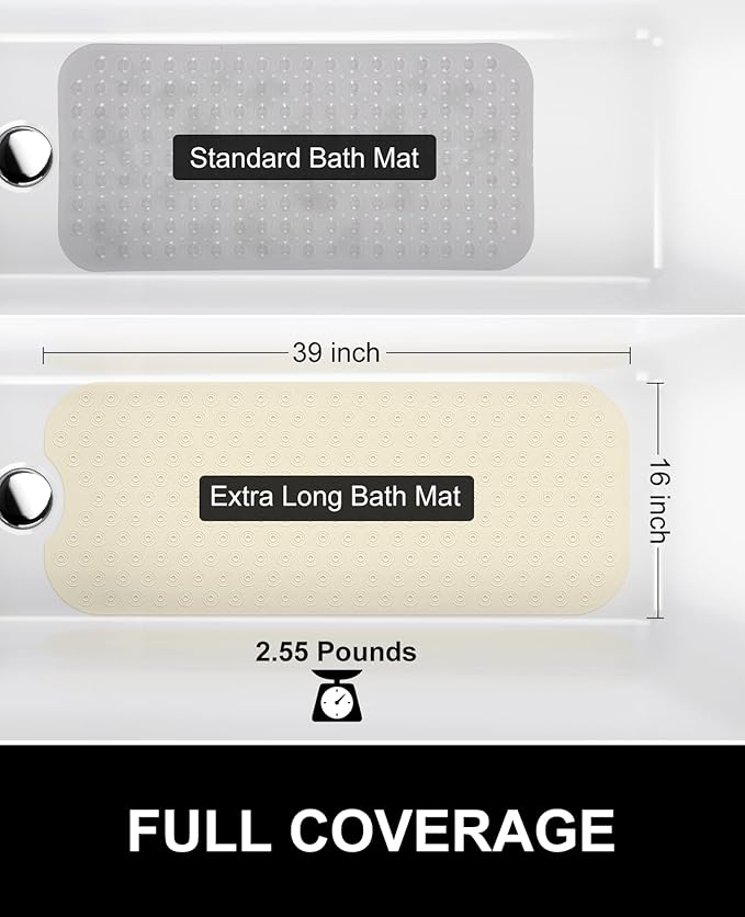 OTHWAY No Suction Cup Bath Mat: 39x16 inch Extra Long Bathmat│Perfect for Refinished or Ordinary Bath Tubs│Made of Nature Rubber│a Blessing for The Elderly and Children (Beige)