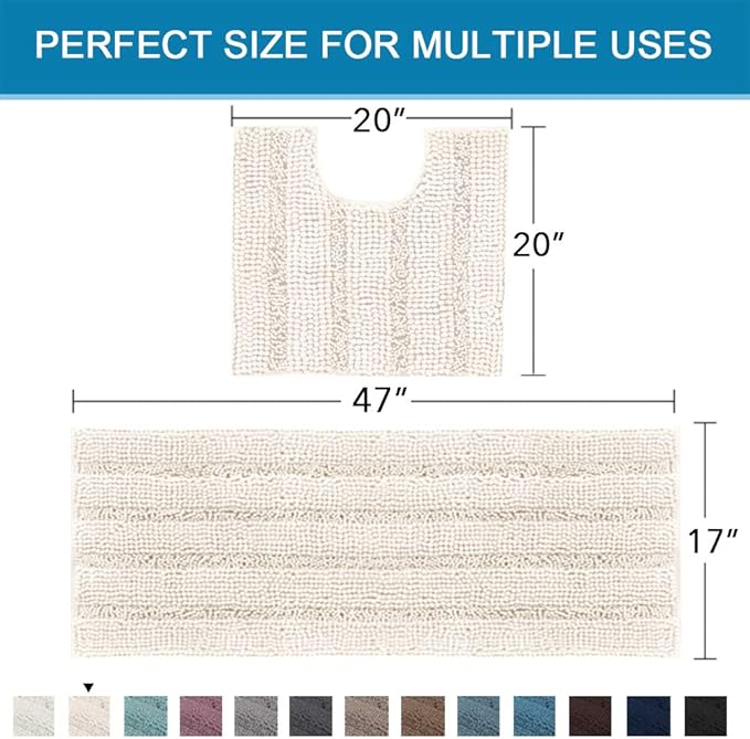 H.VERSAILTEX Bathroom Rugs Bath Rug Set 2 Piece Bathroom Contour Rug Toilet Mat Sets Non Slip Contour Bath Rug Ultra Thick Water Absorbent Striped Bath Mats Washable(47" x 17" Plus 20" x 20" U, Ivory)