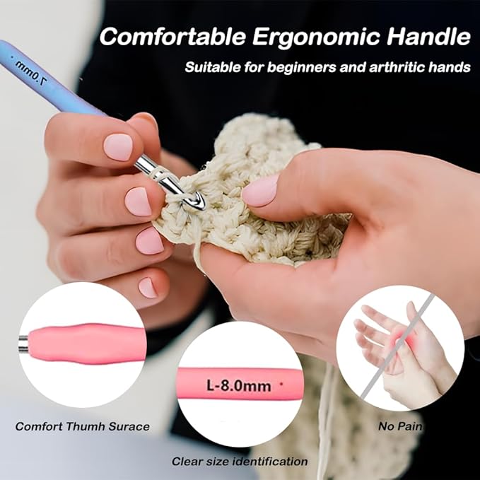 Yarniss 12 Size Crochet Hooks 2.0mm~8.0mm, Ergonomic Crochet Hooks Set with Case, Crochet Needle Tools for Beginner