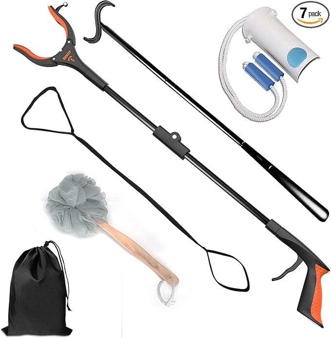 Kekoy 7 In 1 Hip Kit, Knee Back Surgery Hip Replacement Recovery Kit With 32" Grabber Reacher Tool,Sock Aid Device for Seniors,Shoe Horn Long Handle & Dressing Stick,Leg Lifter,Bath Sponge,Storage Bag