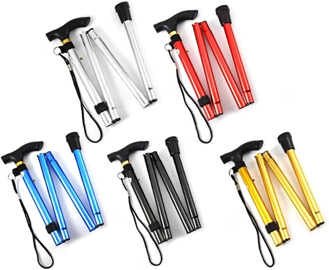 Folding Lightweight Walking Stick - Adjustable Aluminum Metal Collapsible Travel Cane with Non-Slip Rubber Base