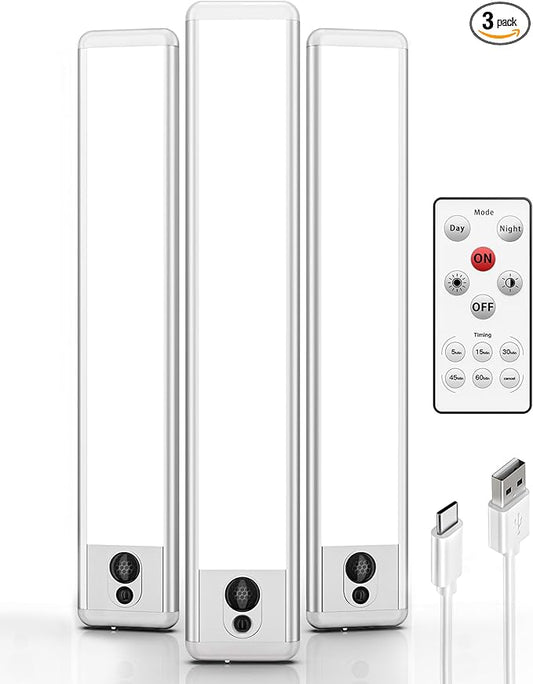 EZVALO 3 Pack Under Cabinet Lighting, Rechargeable Motion Sensor Light, LED Closet Lights Wireless, 5700K Dimmable, Timer, Magnetic, with Remote Control for Kitchen, Closet, Stair