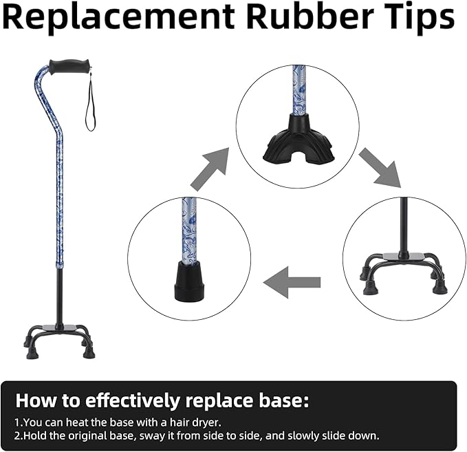 Walking Cane for Women & Men, Adjustable Quad Cane with 4-Prong Base for Stability and Balance, Folding Aluminum Walking Stick for Seniors