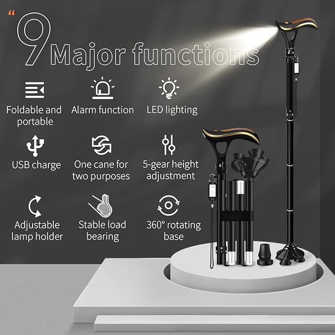 Folding Cane, Smart Alarm Foldable Cane with Light, Fashion Walking Cane for Women&Men, Adjustable Canes for Seniors, USB Direct Charging, Lightweight and Portable