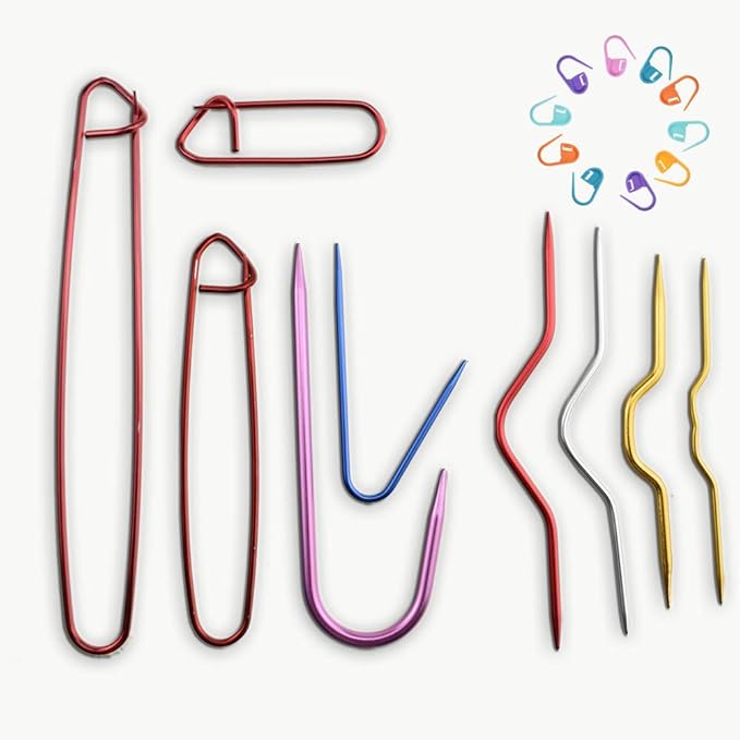 HAHIYO Needles Stitch Holders with Plastic Stitch Markers Set Sturdy Aluminum Mixed Color Safety Pin Knitting Bent Weaving Needle Hooks 9 Pieces for Sweaters Socks Yarn Sewing Crochet Embroidery