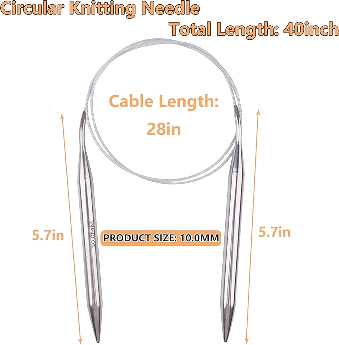 Hobekoee Circular Knitting Needle 40 inch (100cm),Size US 15 (10.0mm) Stainless Steel Round Knitting Needles for Smoothly Knit Blanket,Sweater,Coaster,Socks
