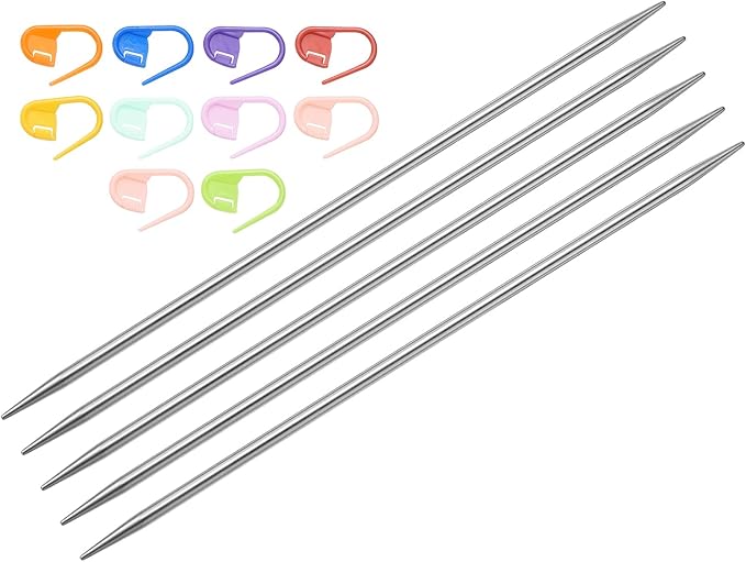 uxcell 5Pcs Knitting Needle Size US 3(3.25mm) 6 Inches (15cm) Length Stainless Steel Double Pointed Sweater Stitching Needles with 10 Colorful Stitch Markers for Handmade Projects DIY