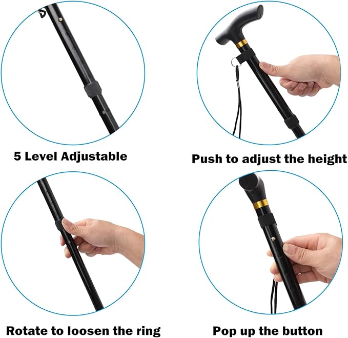 Folding Lightweight Walking Stick - Adjustable Aluminum Metal Collapsible Travel Cane with Non-Slip Rubber Base