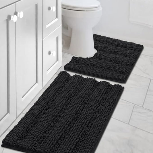 H.VERSAILTEX Bathroom Rugs Bath Rug Set 2 Piece Bathroom Contour Rug Toilet Mat Sets Non Slip Contour Bath Rug Set Ultra Thick Water Absorbent Striped Washable(20" x 32" Plus 20" x 20" U, Black)