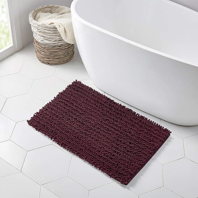 Walensee Bathroom Rug Non Slip Bath Mat (32x20 Inch Burgundy) Water Absorbent Super Soft Shaggy Chenille Machine Washable Dry Extra Thick Perfect Absorbant Best Large Plush Carpet for Shower Floor