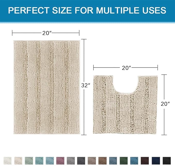 H.VERSAILTEX Bathroom Rug Sets 2 Piece Bath Mats Non Slip Thick Soft Chenille Striped Bath Rug achine Washable Shower Floor Rugs for Tub, Shower and Floor (Fog, 20"x32" Plus 20"x20" U)