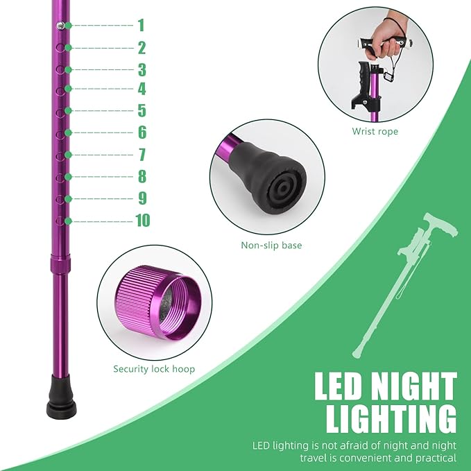 Hold 440 Lbs Walking Cane for Men & Women Aluminum Alloy Lightweight Height Adjustable Walking Stick Heavy Duty Foldbale Free Standing Cane with LED for Seniors Adults