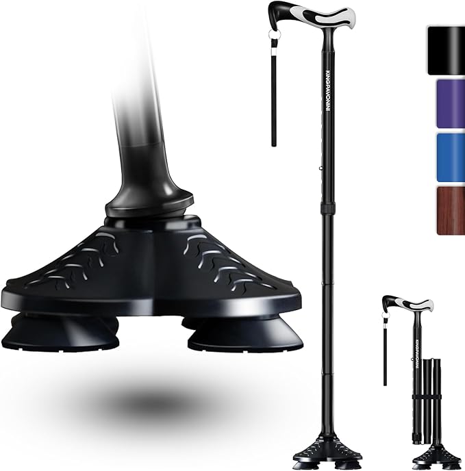 KingPavonini Walking Cane for Men Women Stability, Free Standing Foldable Cane, Ergonomic Handle Pivoting Quad Base, Heavy Duty 350 LBs, Adjustable Walking Canes for Seniors Balance with Travel Bag