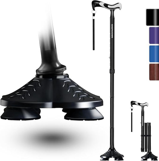KingPavonini Walking Cane for Men Women Stability, Free Standing Foldable Cane, Ergonomic Handle Pivoting Quad Base, Heavy Duty 350 LBs, Adjustable Walking Canes for Seniors Balance with Travel Bag
