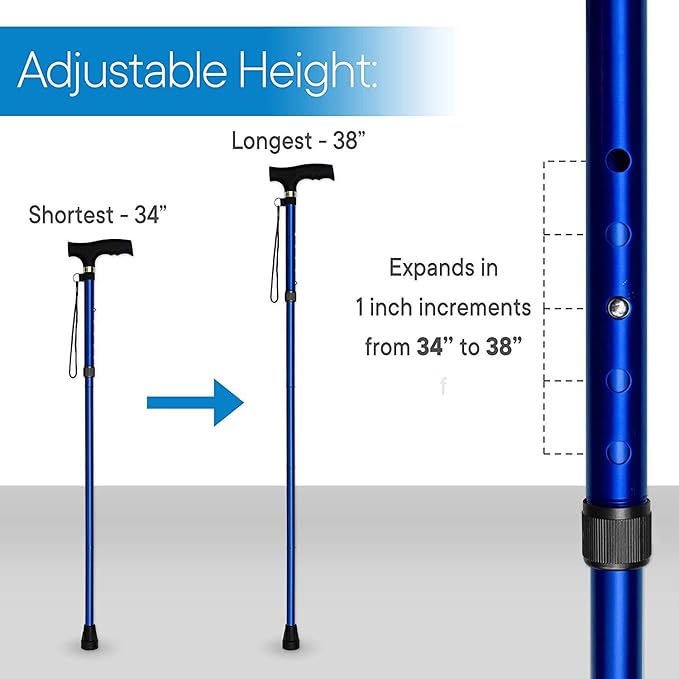 Folding Lightweight Walking Stick - Adjustable Aluminum Metal Collapsible Travel Cane with Non-Slip Rubber Base